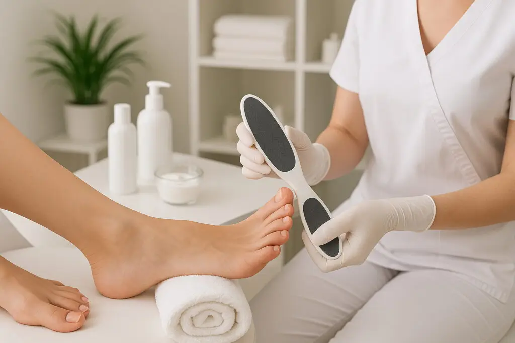 Kosmetikerin bei der Fußpflege bei einer Kundin