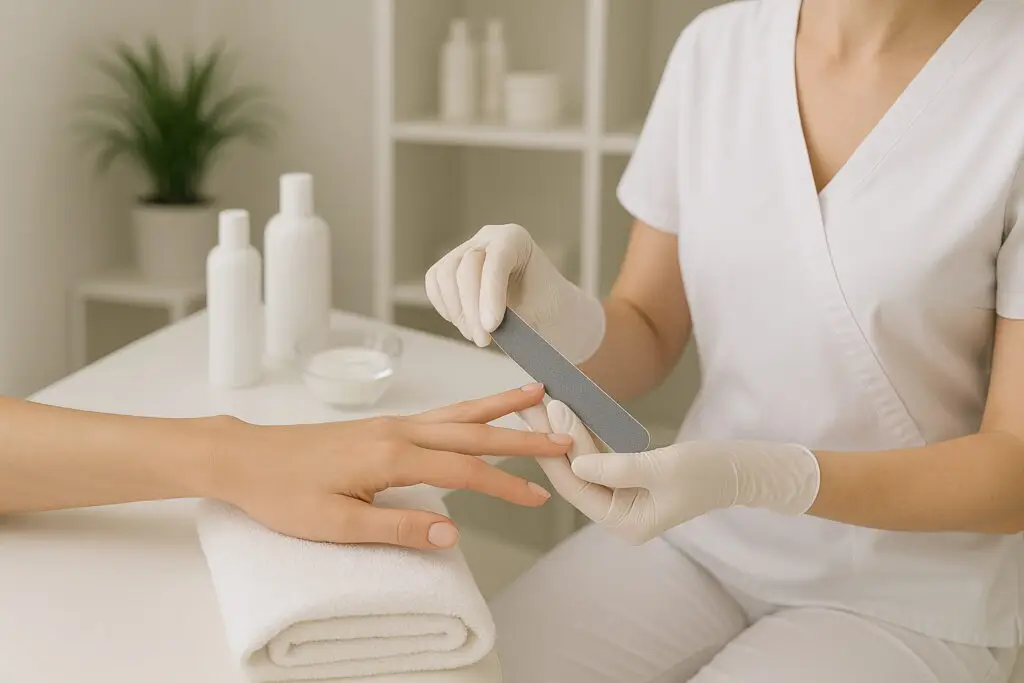 Kosmetikerin bei der Handpflege bei einer Kundin